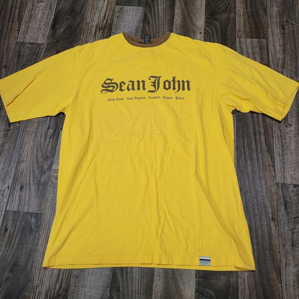 Sean John Men's Shirt 2XLT Yellow Hip Hop Brown Old English Script Y2k